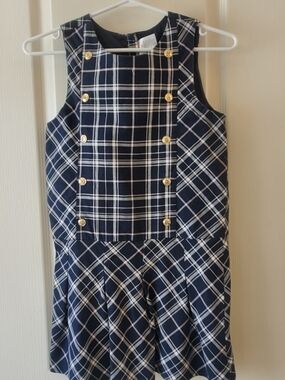Gymboree Navy & White Plaid Jumper Romper with Gold Buttons